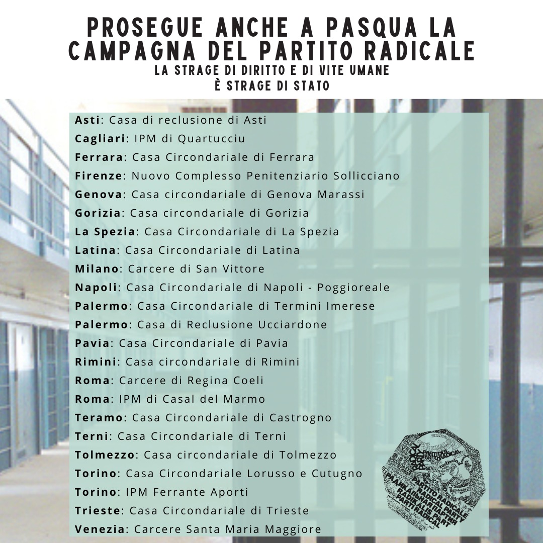 PROSEGUE ANCHE A PASQUA LA CAMPAGNA DEL PARTITO RADICALE: LA STRAGE DI DIRITTO E DI VITE UMANE E’ STRAGE DI STATO.
